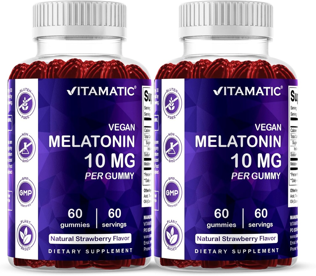 Vitamatic Melatonin 10 mg Vejetaryen Gummies – Şişe başına 60 Gummies – 2Pack (Top 120 Vegan Gummies)