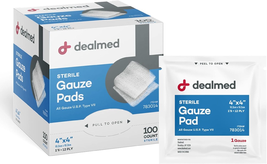 Dealmed 4' x 4'' Sterile Gauze Pads (100 Count) Uygun ve Bireysel olarak Tıbbi Gauze Pads, Yara Bakımı İlk Yardım Kit ve Tıbbi Olanaklar için Ürün (Pazar 1)