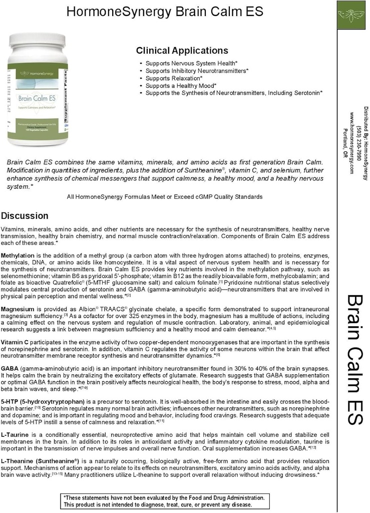 HormonSynergy RetzlerRx® Brain Calm ES - Calmness & Relaxation için Ultimate Support - L-Theanine (Suntheanine®) - TRAACS® Albion® Chelated Minerals - GABA - 5-HTP - L-Taurine - 120 V-Caps