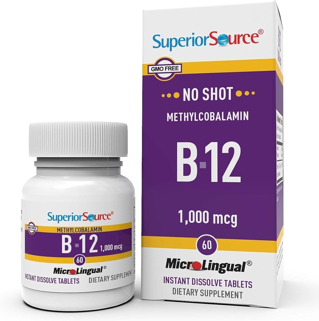 Üstün Kaynak No Shot Mecobalamin B-12 1000 mcg - Vitamin B-12 Enerji Üretimini Desteklemek için, Beyin Sağlığı ve Genel Wellness - Hızlı Absorpsiyon için Sublingual Tabletler - 60 Çözme Tabletleri