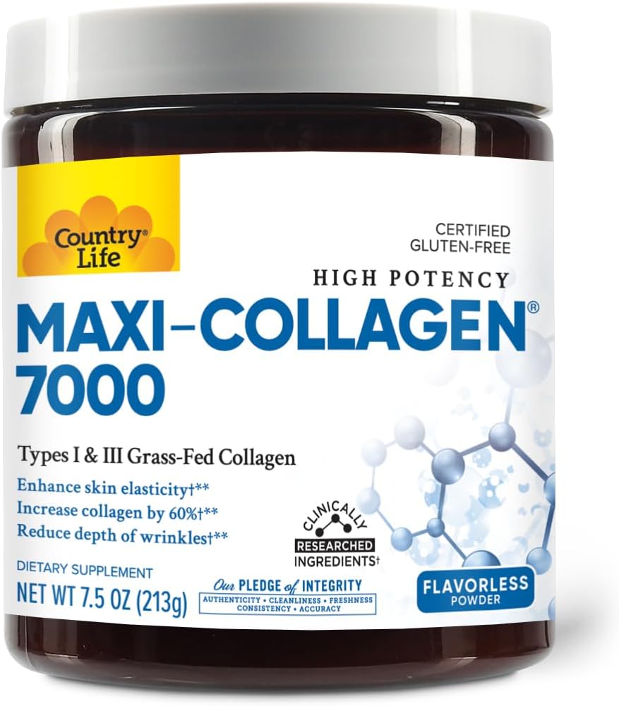 Country Life Maxi-Collagen 7000 Toz - Verisol Bioaktif Collagen,, C, A & Biotin, 4,500 mg Tip I & III Grass-Fed Collagen - Supports Skin, Hair, Nails & Joint Health, 7.5 ozz