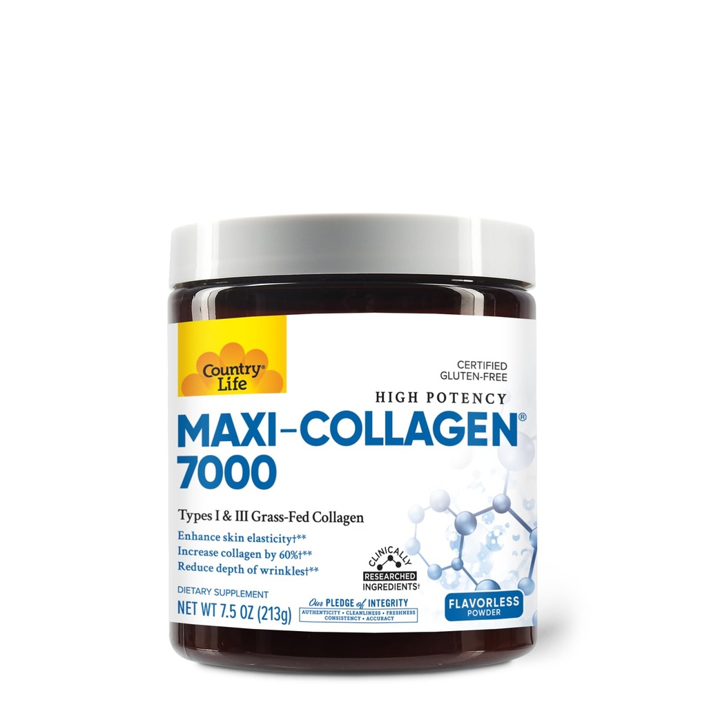 Country Life Maxi-Collagen 7000 Toz - Verisol Bioaktif Collagen,, C, A & Biotin, 4,500 mg Tip I & III Grass-Fed Collagen - Supports Skin, Hair, Nails & Joint Health, 7.5 ozz