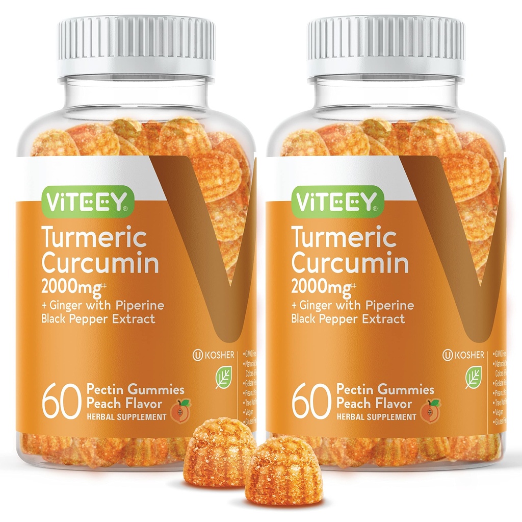 Turmeric Curcumin Gummies with Ginger & Black Pepper Herbal Supplement, 2000 mg, Immune Support, Sağlıklı Skin ve Ortak Sağlık, Vegan, Pectin Based, for Yetişkinler ve Gençler - Chewable Peach Flavor(2Pack)