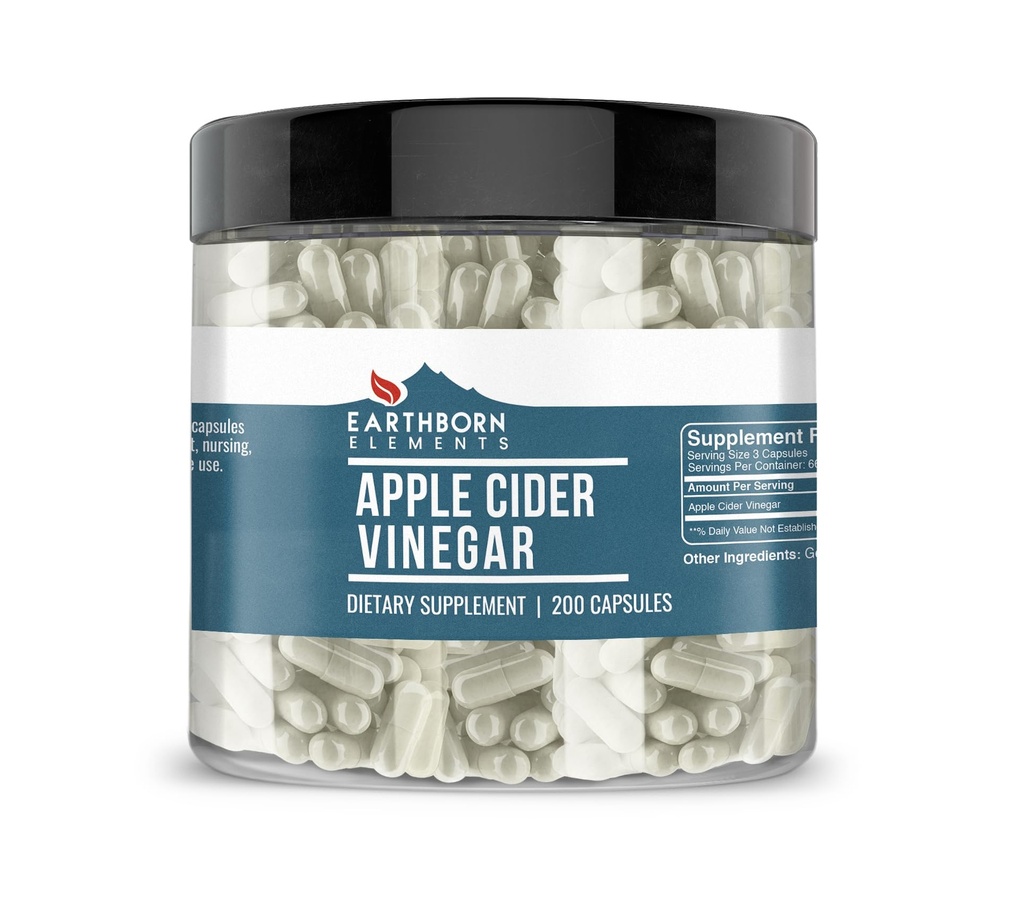 Earthborn Elements Apple Cider Vinegar 200 Capsules, Pure & Undiled, No Wordss
