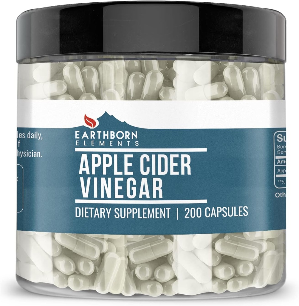 Earthborn Elements Apple Cider Vinegar 200 Capsules, Pure & Undiled, No Wordss