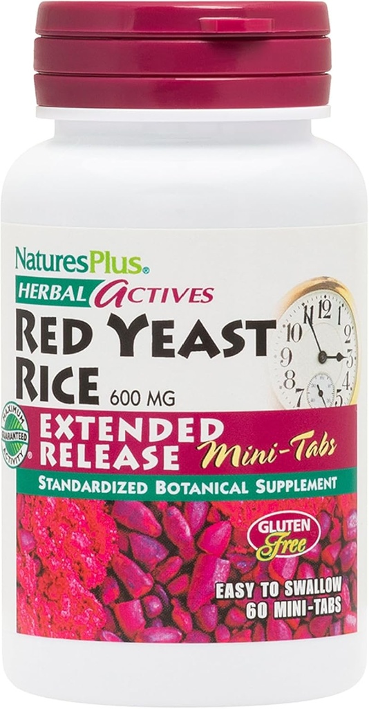 Natures Plus Herbal Actives Red Yeast Rice, Genişletilmiş Yayın - 600 mg, 60 Mini Tablet - Herbal Supplement - Vegan, Vegetarian, Gluten-Free - 30 Hizmet