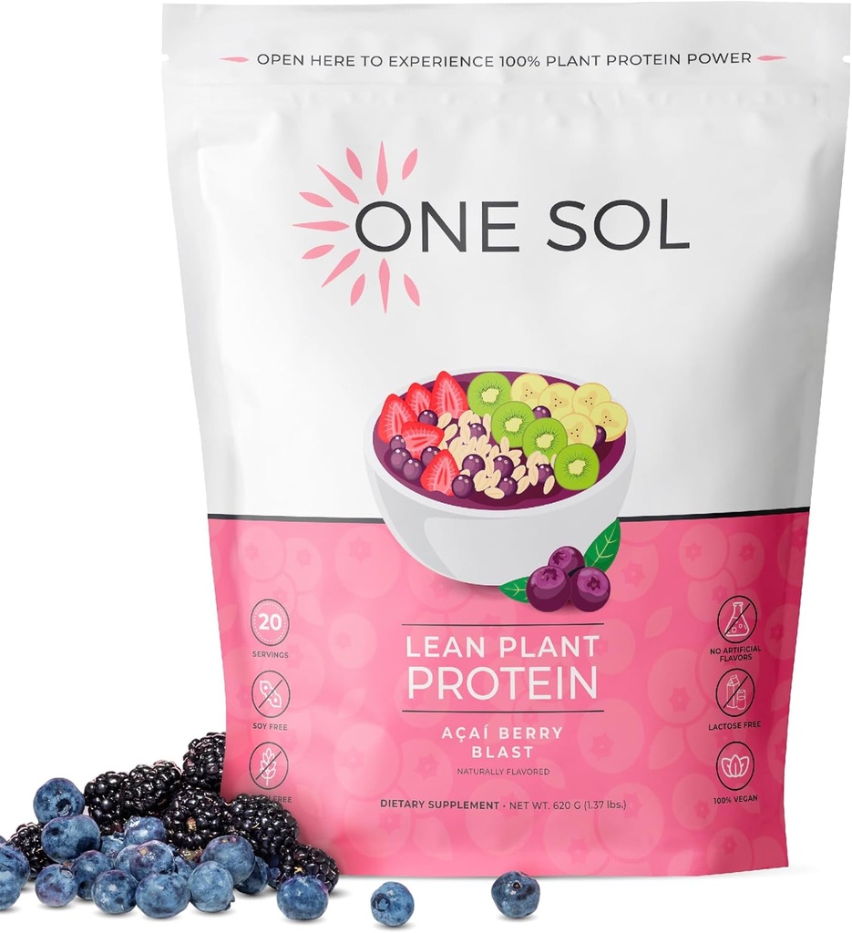 One Sol Lean Plant-Based Protein Powder, Pea & Brown Rice Protein, Low Carb, Vegan Friendly - Gluten, Lactose, & Soy Free - No Added Sugar, Non-GMO, Clean Nutrition, No Bloating (Acai Berry Blast)