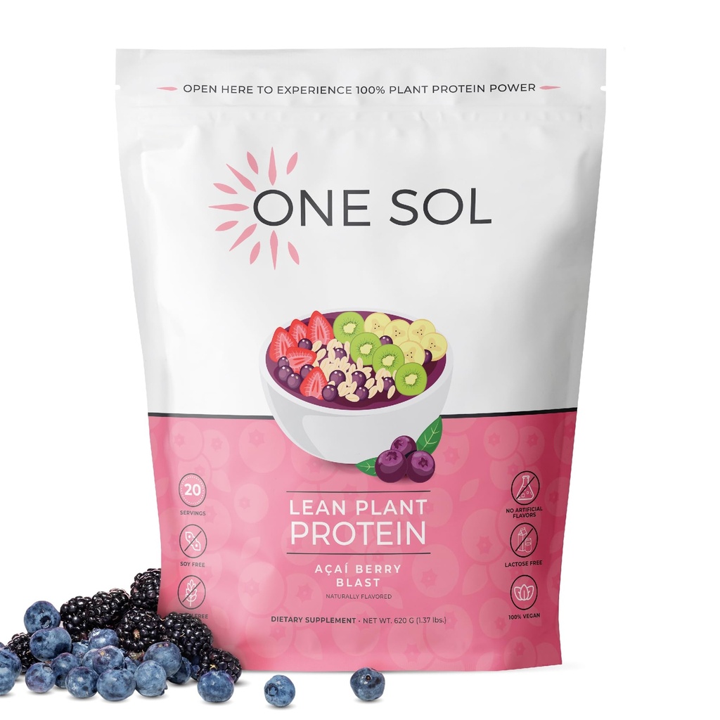 One Sol Lean Plant-Based Protein Powder, Pea & Brown Rice Protein, Low Carb, Vegan Friendly - Gluten, Lactose, & Soy Free - No Added Sugar, Non-GMO, Clean Nutrition, No Bloating (Acai Berry Blast)