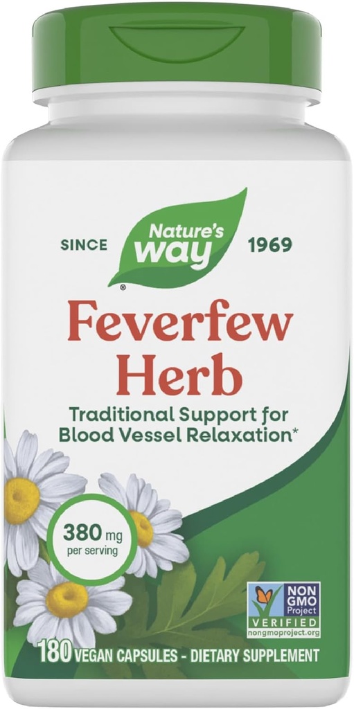 Nature's Way Ateşfew Herb, Blood Style Relaxation için Geleneksel Destek*, hizmet başına 380 mg, Non-GMO Projesi Doğrulandı, 180 Vegan Ateşfew Capsules (Pazar Mayıs Vary)