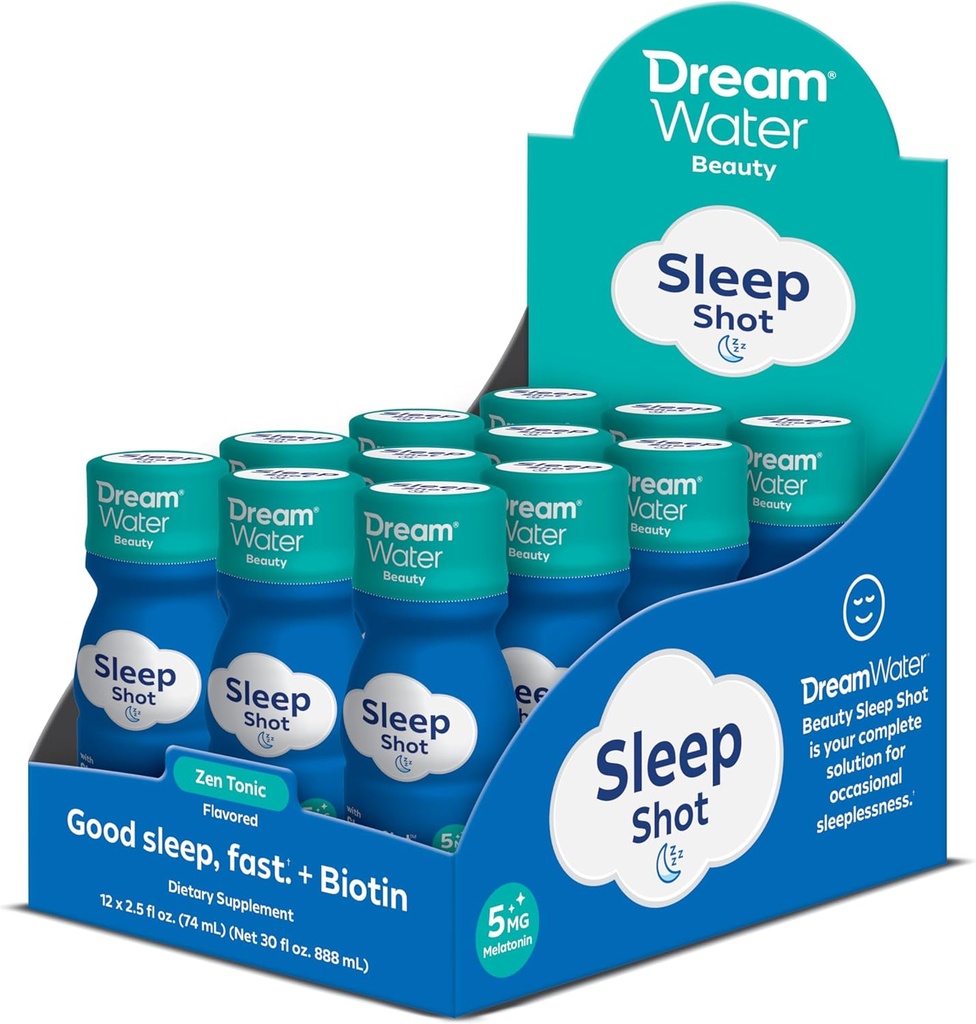 Συμπληρώματα ποτού Dream Water Beauty Sleep Aid; Μελατονίνη 5mg, GABA, 5-HTP, Plus Βιοτίνη για υγιές δέρμα, τα μαλλιά και τα νύχια; 2,5 oz Liquid Sleep Shots, Zen Tonic 12 Count