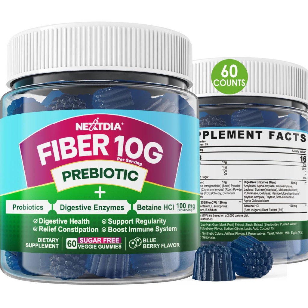 Yetişkinler için Fiber Gummies, Sugar Free 10g Prebiyotik Fiber Supplement with Digestive Enzymes, Probiyotiks & 100mg Betaine for Digestive & Gut Health and Regulate Bowel Movement, Vegan, Gelatin Free, 60ct