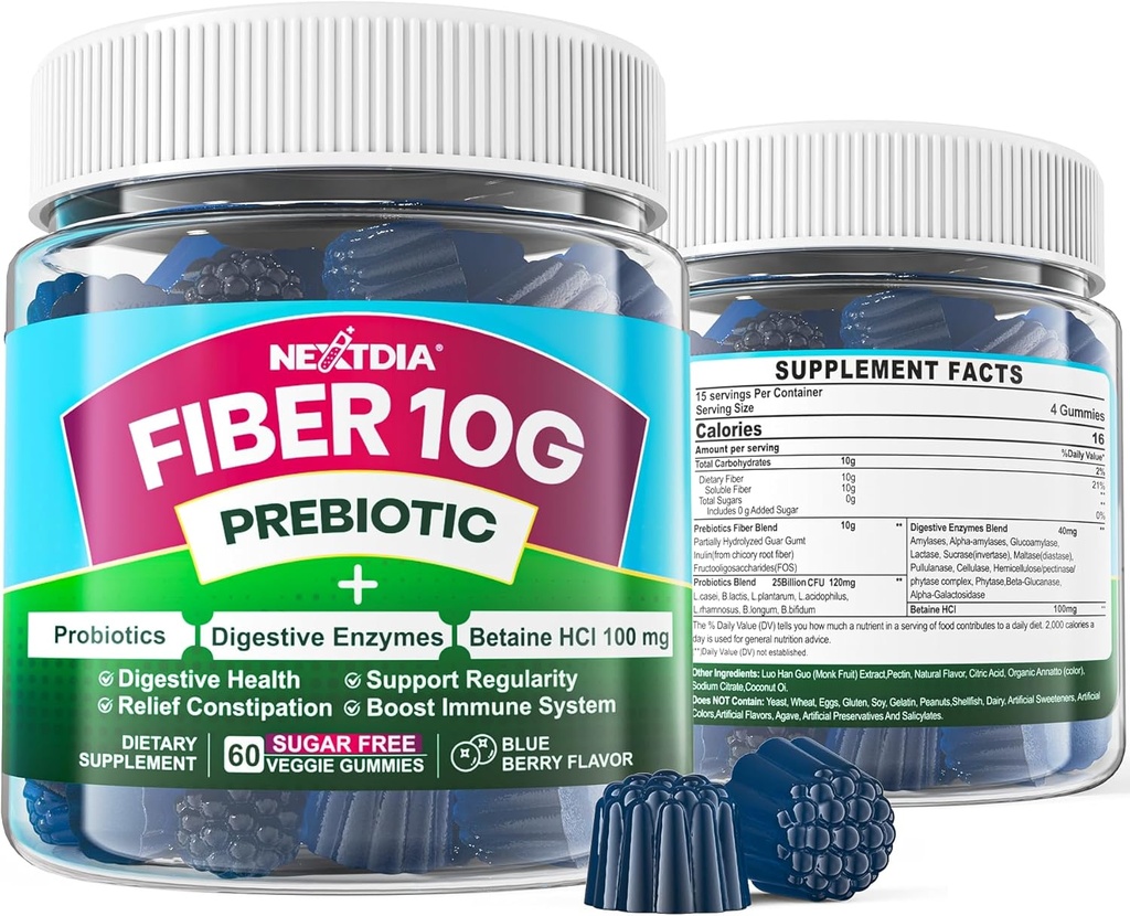 Yetişkinler için Fiber Gummies, Sugar Free 10g Prebiyotik Fiber Supplement with Digestive Enzymes, Probiyotiks & 100mg Betaine for Digestive & Gut Health and Regulate Bowel Movement, Vegan, Gelatin Free, 60ct
