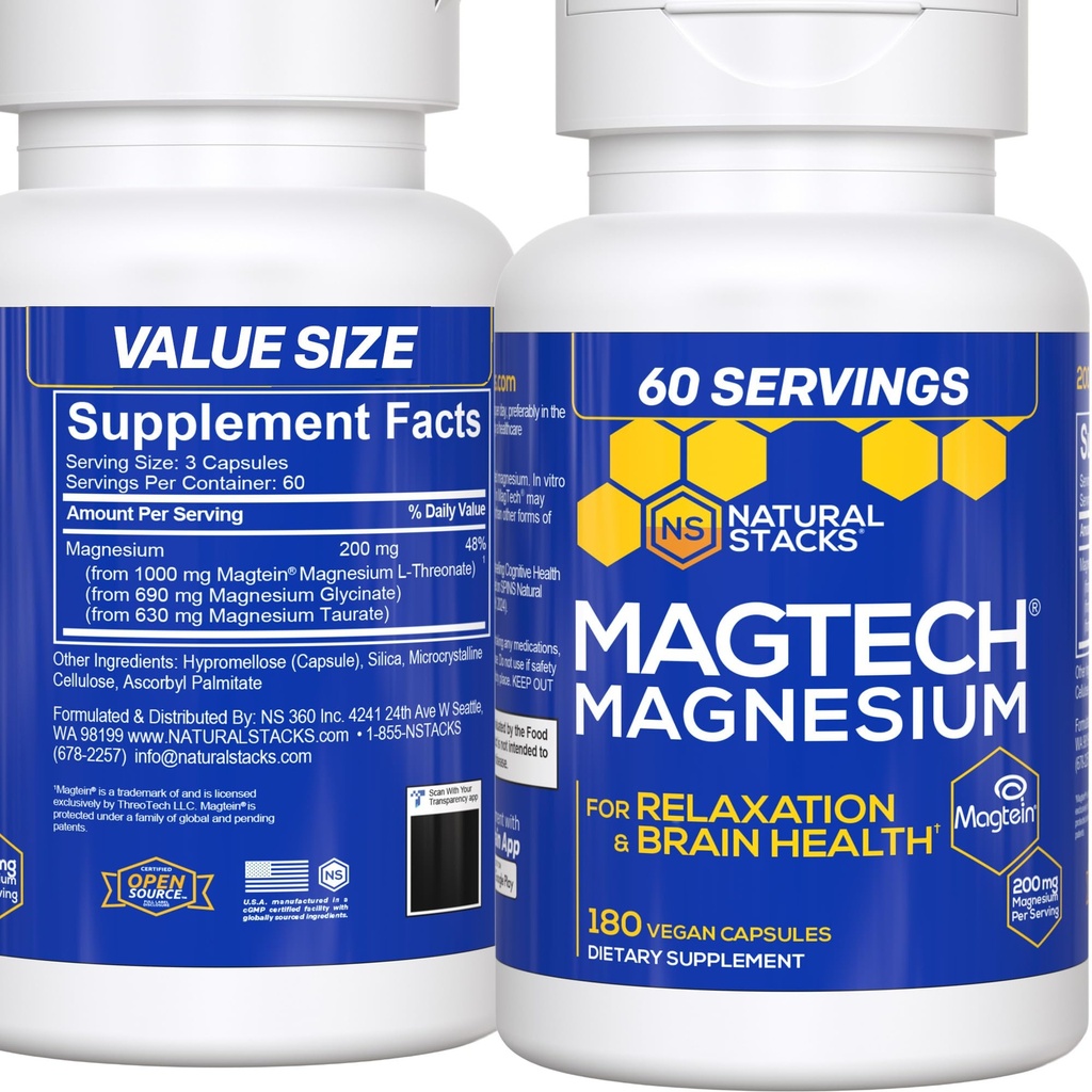MagTech Magnesium Supplement - 3 Μορφές Μαγνησίου: Μαγνητίνη L-Θρεονικό, Γλυκινικό & Ταυρικό - 200mg Χηλικό σύμπλοκο Μαγνησίου - Υποστηρίζει Χαλάρωση & Εγκεφαλική Υγεία - 180 Κάψουλες