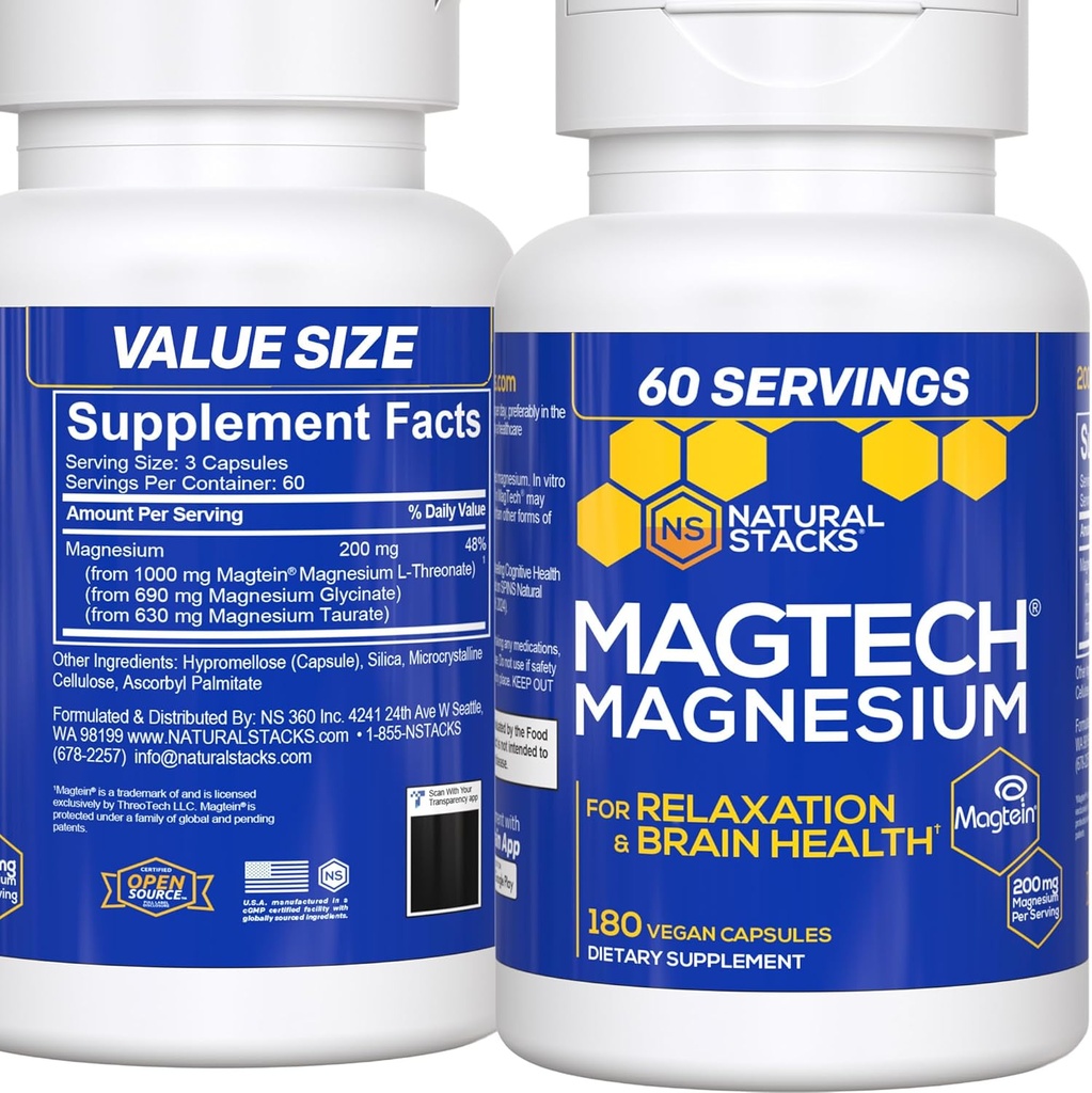MagTech Magnesium Supplement - 3 Forms of Magnesium: Magtein L-Threonate, Glycinate & Taurate - 200mg Chelated Magnesium Complex - Supports Relaxation & Brain Health - 180 Capsules