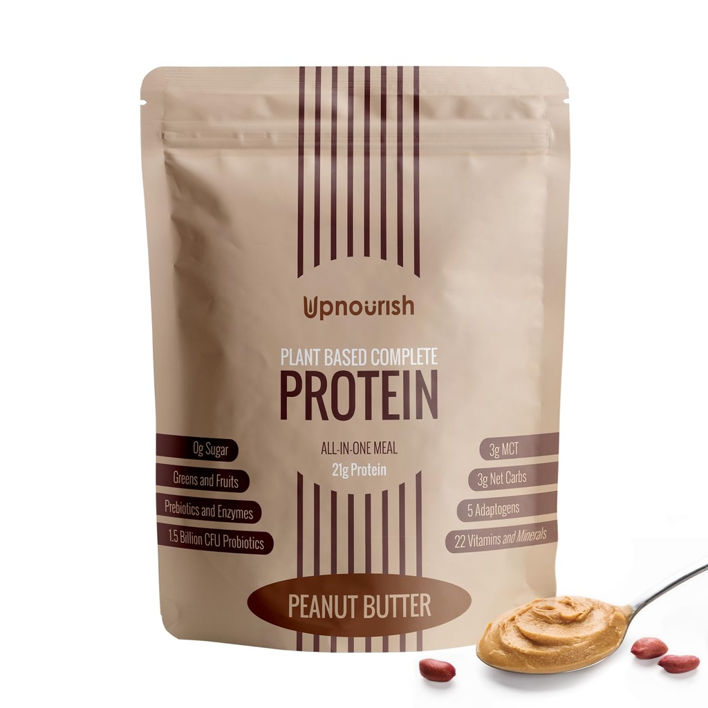 UpNourish Φυστικοβούτυρο Vegan πρωτεΐνη σκόνη 54 Superfoods σκόνη, 1,5 δις CFU Probiotics 21g φυτικής πρωτεΐνης, Όχι ζάχαρη Όχι γαλακτοκομικά Όχι GMO γαλακτοκομικά δωρεάν, Αντικατάσταση γεύματος Shake Keto-Friendly χαμηλής περιεκτικότητας σε άνθρακα διατροφή,15 Σερβίρει