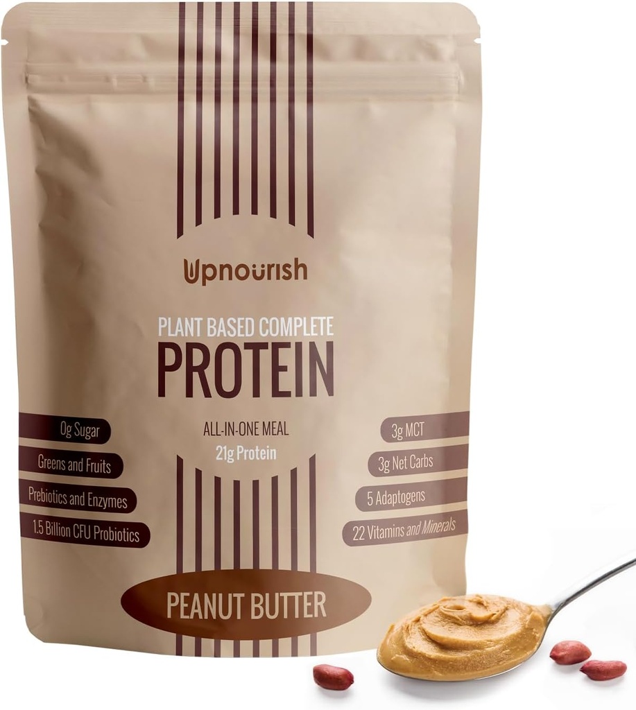 UpNourish Φυστικοβούτυρο Vegan πρωτεΐνη σκόνη 54 Superfoods σκόνη, 1,5 δις CFU Probiotics 21g φυτικής πρωτεΐνης, Όχι ζάχαρη Όχι γαλακτοκομικά Όχι GMO γαλακτοκομικά δωρεάν, Αντικατάσταση γεύματος Shake Keto-Friendly χαμηλής περιεκτικότητας σε άνθρακα διατροφή,15 Σερβίρει