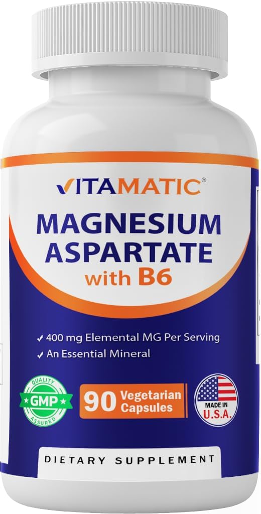 Vitamatic Magnezyum Aspartate 400 mg per Service - 90 Vegetarian Capsules - Maksimum Absorpsiyon için B6 eklendi - Supports Muscle, Joint, and Heart Health*