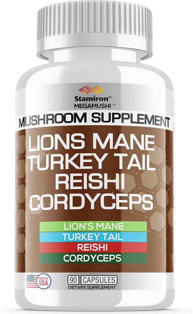 Stamiron Lions Mane Συμπλήρωμα Turkey Κάψουλες Μασαχουσέτης με Cordyceps Extract & Reishi Μανιτάρια - Alt to Mushroom Gummies, Mushroom Powder, Mushroom Coffee - 90 Count