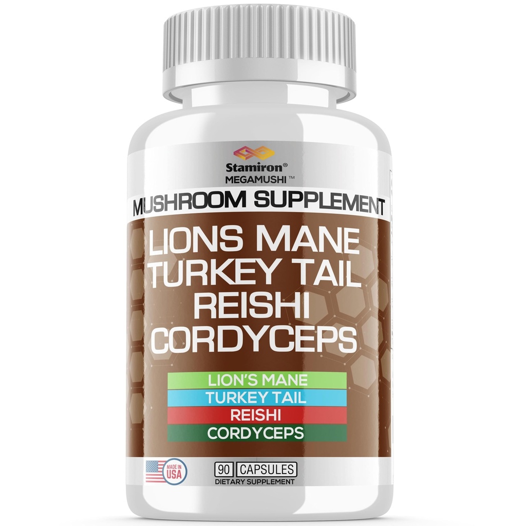 Stamiron Lions Mane Supplement Turkey Tail Mushroom Capsules with Cordyceps Extract & Reishi Mushrooms - Alt to Mushroom Gummies, Mushroom Toz, Mushroom Coffee - 90 Count