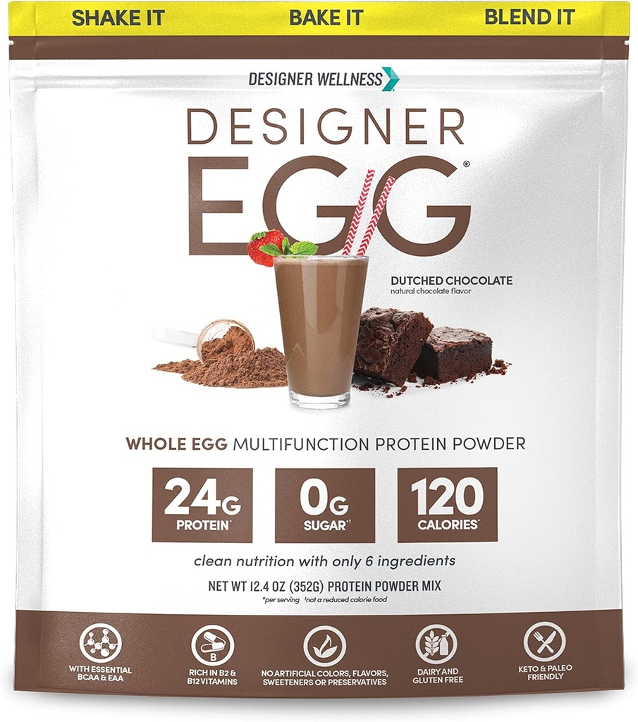 Designer Wellness, Designer Egg, Natural Egg Yolk & White Protein Powder, Keto and Paleo Friendly, Low Calorie, Less Fat and Cholesterol, Dutch Chocolate, 12.4 Ounce