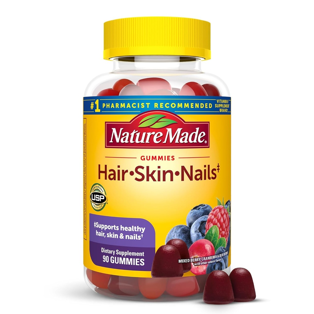 Nature Made Hair Skin and Nails with Biotin 2500 mcg, Dietary Supplement for Health Hair, Skin & Nails Support, 90 Gummies, 45 Day Supply
