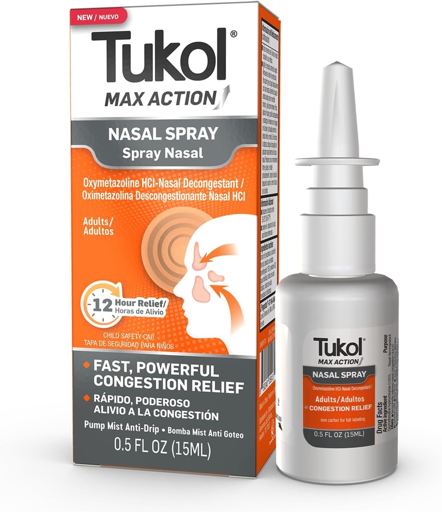 TUKOL Max Nasal Spray δράσης, Oxymetazoline Nasal Deconfestant Spray για ενήλικες, γρήγορη Stuffy μύτη & Sinus Confestion Relief, 12 ωρών Spray μύτης Αποσυμφορητικό, 0.5 fl oz