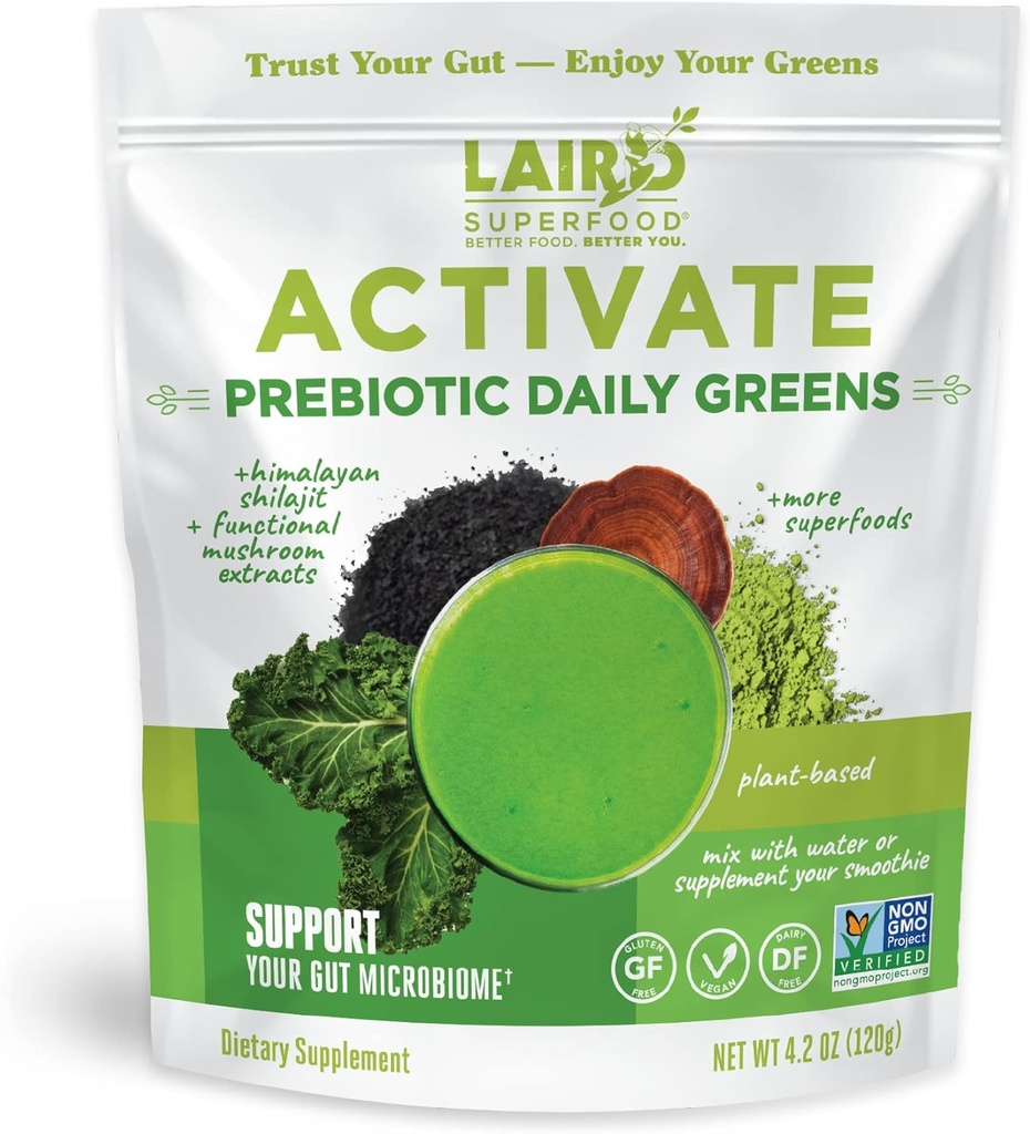 Laird Superfood Activate Prebiyotik Daily Greens Toz İçecek Supplement, Himalaya Shilajit Toz ve Fonksiyonel Mushrooms, Supports Gut Microbiome, 4.2 Oz Bag, 1 Paket