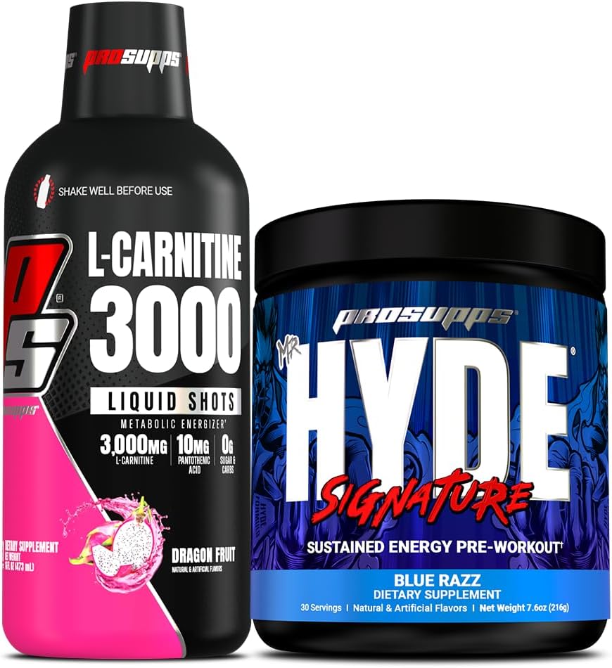 PROSUPPS L-Carnitine 3000 Stimulant Ücretsiz Sıvı Shots (Dragon Meyvesi) ve Bay Hyde Signature Series Pre-Workout Energy Tozed Drink (Mavi Razz)