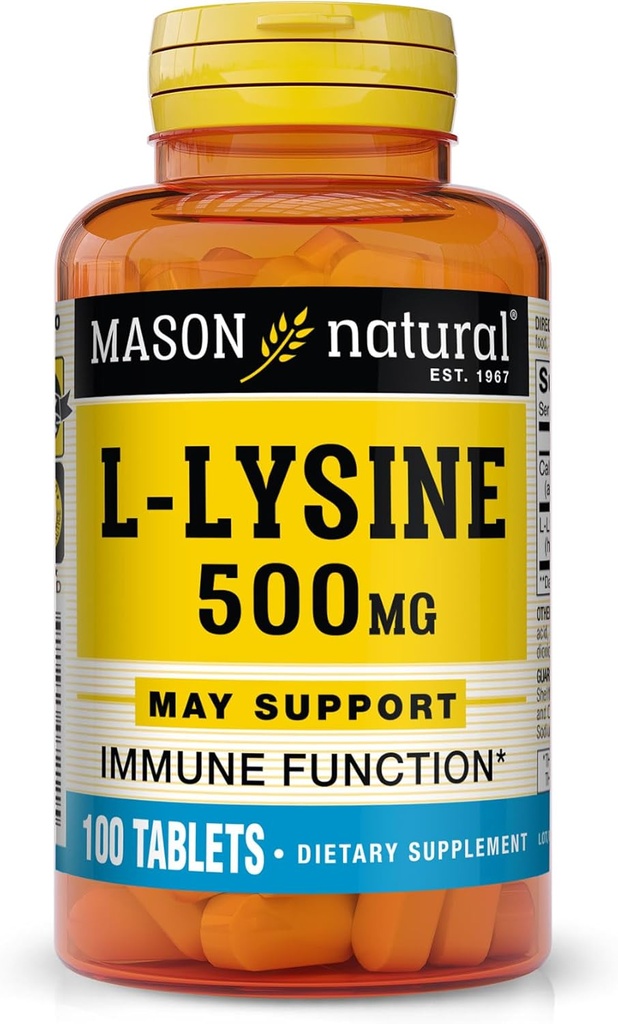 MASON NATURAL L-Lysine 500 mg ile - Geliştirilmiş Immune Fonksiyonlar, Geliştirilmiş Nutrient Aborpsiyon, Essential Amino Asit, 100 Tablet