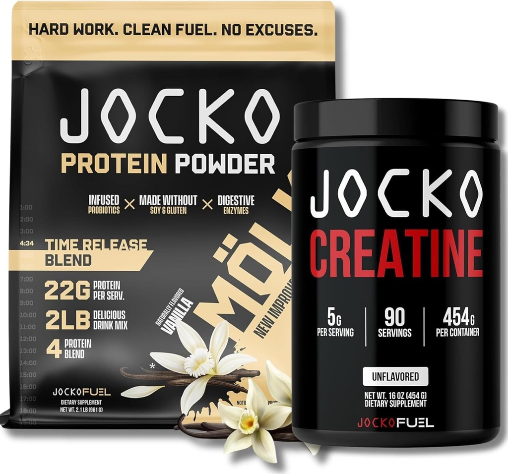 Jocko Yakıt Paketi - Vanilla Mölk protein Toz + Erkekler ve Kadınlar için Monohidrat Toz - Atheltic Performans, Kurtarma ve Kas Büyümesi için Grafik,