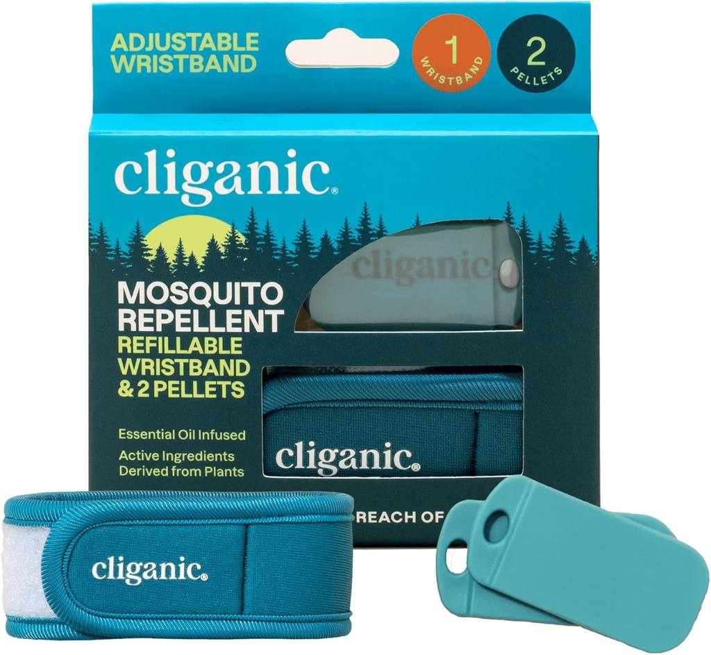 Cliganic Mosquito Repellent Pack (Wristband + 2 Refill Pellets) - Atıcı, Doğal DEET-Free, Essential Oil Infüzyon