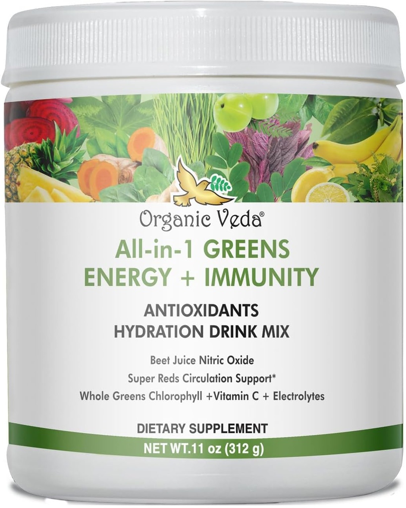 Βιολογικό Veda Super Greens Αντιοξειδωτικό Ενυδατικό Ποτό Μείγμα Σκόνης με Ηλεκτρολύτες για Ενέργεια, Ανοσία - Καθημερινή Βιολογικά Superfoods Χλωροφύλλη, Τεύτλα, Moringa, Chlorella, Spirulina, Turmeric - 11 oz