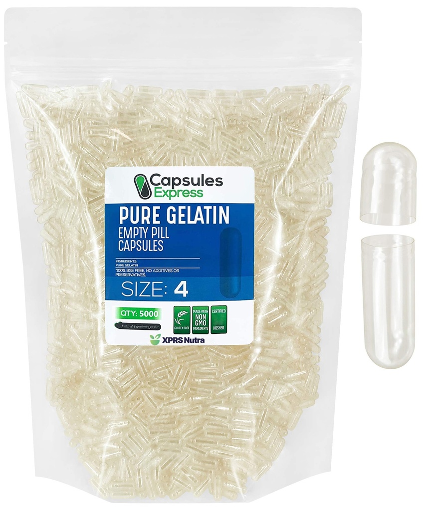 XPRS Nutra Μέγεθος 4 κενές κάψουλες - 5000 Count Clear Empty Gelatin Κάψουλες - DIY Caps Γέμισμα καψακίων - Fillable Pure Bovine Pill χάπια Gel χάπια για το Do-It-Yourself συμπληρώματα
