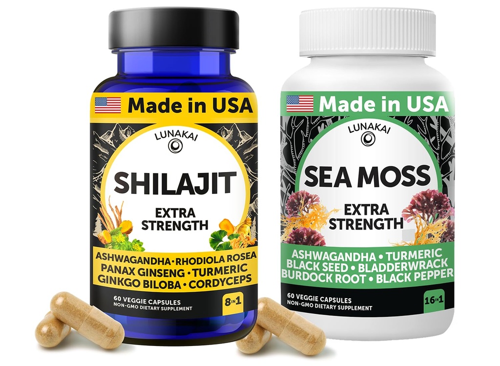 Lunakai USA Made Shilajit & Sea Moss Κάψουλες Bundle με Ashwagandha, Black Seed Oil & Rhodiola για δύναμη & ανοσοποίηση, 60ct κάθε μία