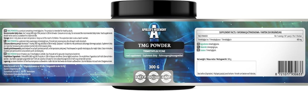 APOLLO'S HEGEMONY TMG Toz 300g - Betaine - 2000 mg Tritilglycine per Service - 150 Paket başına hizmet - Hiçbir katkı - Branşlı Zincir Yedekleri - Metabolite Destek Desteği