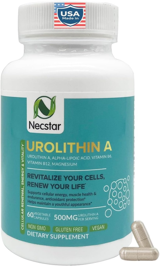 Necstar Urolithin A Supplement – Cellular Energy & Mitochondrial Support – Alfa-Lipoic Acid, Vitamin B6, B12 & Magnezyum – 60 Vegan Capsules, Gluten-Free