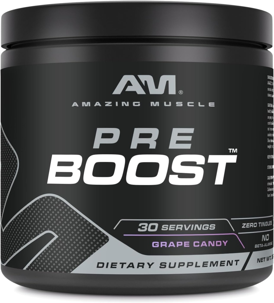 Amazing Muscle Pre Boost | 30 Hizmet | 324 Grams Toz | Pre Workout Supplement | ABD'de Made in ABD (30 Hizmet, Doğal Grape Candy)