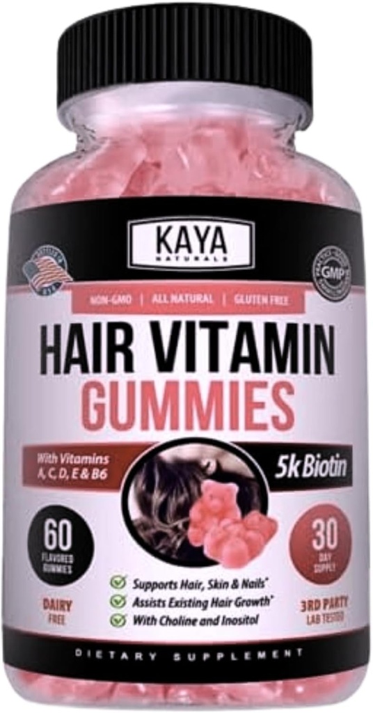 Kaya Naturals Saç Büyüme Gummies - Biotin 500006 Sağlıklı Saç, Cilt ve Çiçeği - Kadınlar veya Erkekler için Güzellik Tamam - 60 Kont - Blueberry Flavor