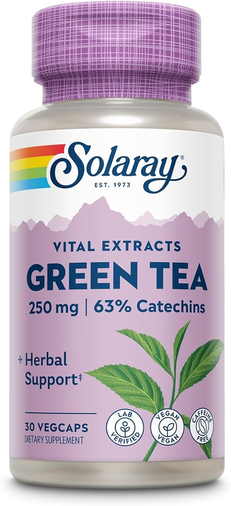 SOLARAY Green Tea Extract 250 mg - Decaffeinated Green Tea Extract Capsules - EGCG Supplements -% 63 Catechins - Vegan, 60 Günlük Garanti, 30 Hizmet, 30 VegCaps