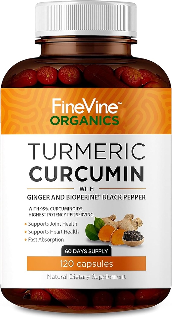 Turmeric Curcumin with BioPerine Black Pepper and Ginger - Made in USA - 120 Vegetarian Capsules for Advanced Abors, Joints Support