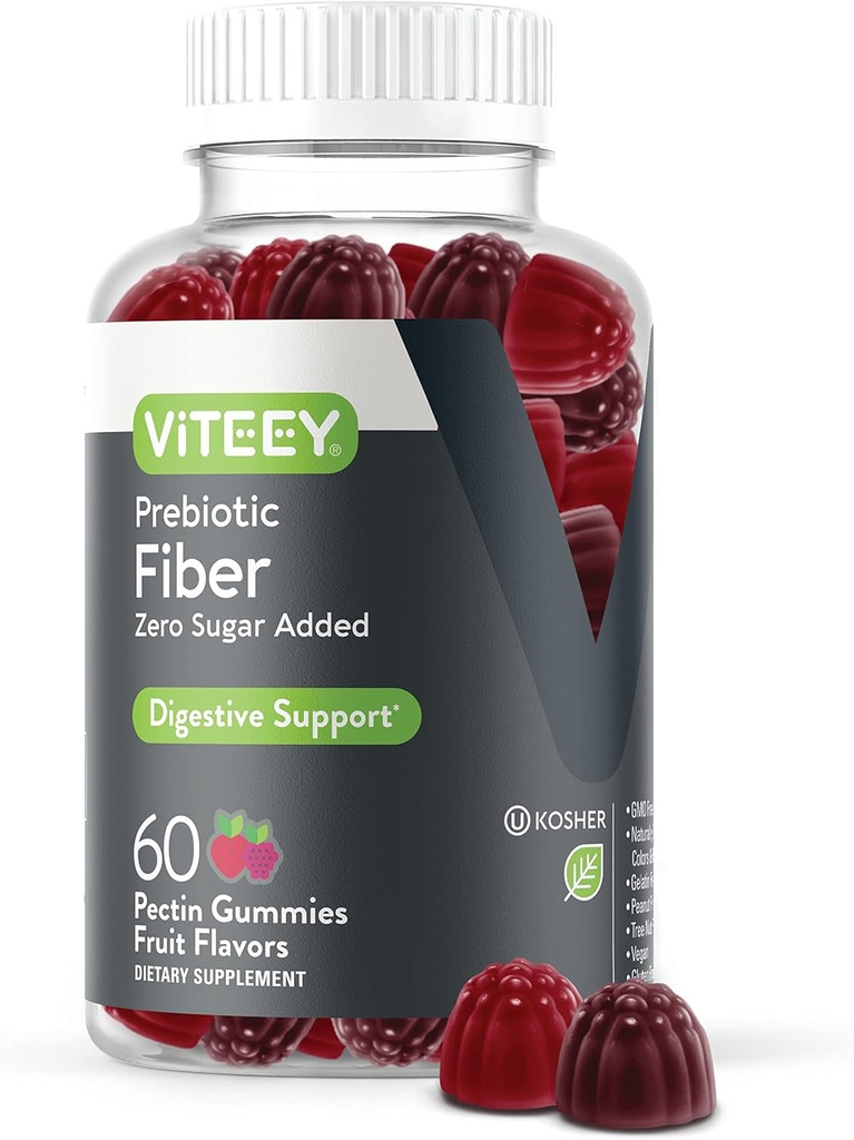 Viteey Prebiotic Fiber Gummies for Adults, 4g - Gut Health & Digestive Soluble Fiprofit Gummies - Zero Sugar Added, Vegan, Gluten-Free - 60 Count