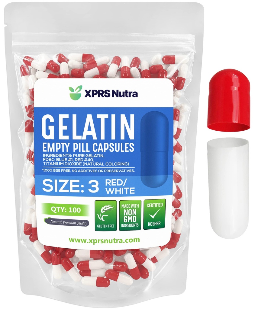 XPRS Nutra Μέγεθος 3 Κενές κάψουλες - 100 Count Empty Gelatin Κάψουλες - Χάπια DIY Καψάκιο Γέμισμα - Αγνά καπάκια τζελ Μπόβιν Χάπια Γέμισμα Do-It-Yourself Βιταμίνες και συμπληρώματα (κόκκινο/λευκό)