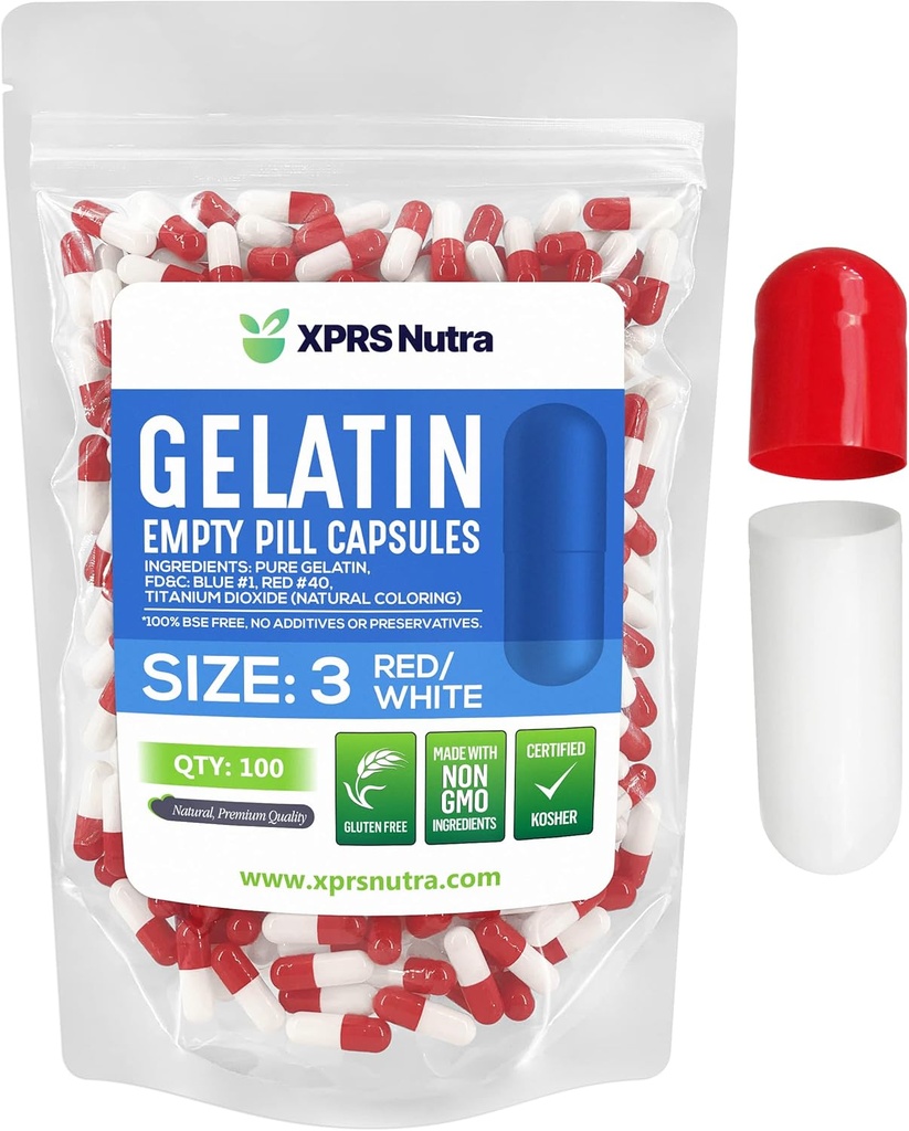 XPRS Nutra Boyutu 3 Boş Kapsüller - 100 Kont Boş Gelatin Capsules - Pills DIY Capsule - Pure Bovine Pill Gel Caps Fillable Do-It- Yourself Vitamins and Supplements (Red/White)