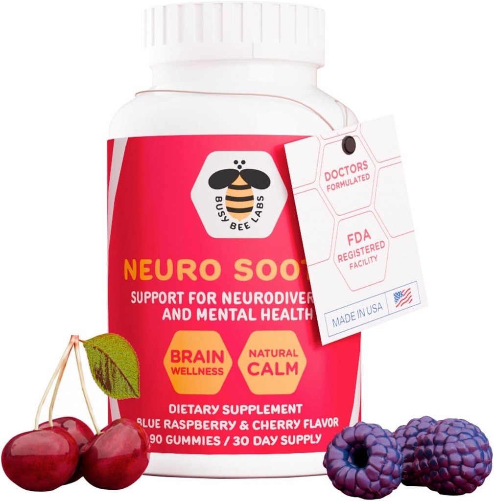 Neuro Soothe, υποστήριξη για νευροδιαφορετικότητα και ψυχική υγεία, βοηθά με την ευεξία του εγκεφάλου και τη φυσική ηρεμία, Blue Rasberry και Cherry Flavor 90 Gummies, 30 ημέρες εφοδιασμού
