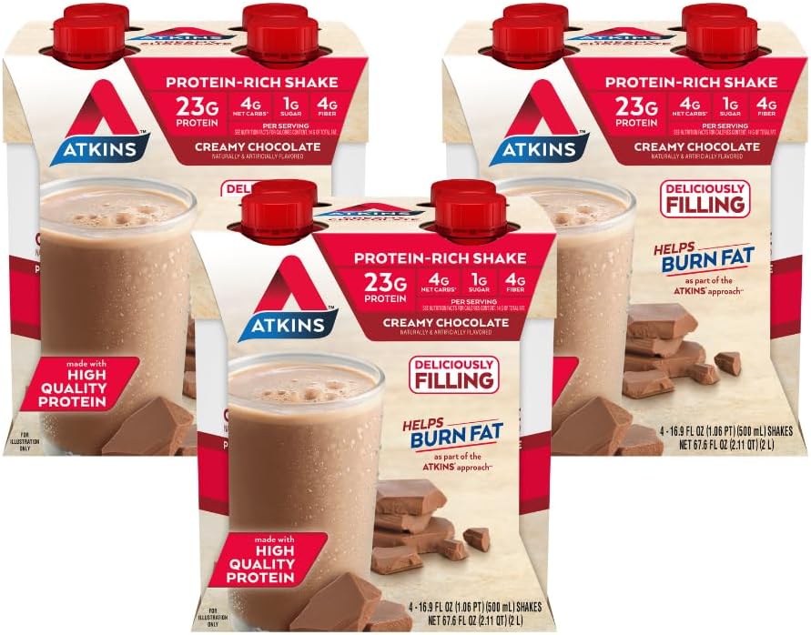 Atkins Creamy Chocolate Meal Boyut Protein Shake, 23g protein, Low Glycemic, 4g Net Carb, 1g Sugar, Keto Friendly, 12 Count