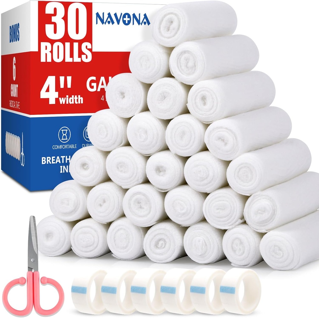 Navona Gauze Rolls 30 Pack, x 4.1 Yards'da 4, Bireysel olarak Gauze, Mummy, Premium Gauzes, Yaralar için Kutu