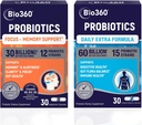 Bio360 Probiyotiks Sche, Cognitive Support Formula & Daily Extra Formula, Brain Support & Gut Health Supplements, Helps Support Memory, Focus & Digestion, 2 x 30 Vegan Supplements
