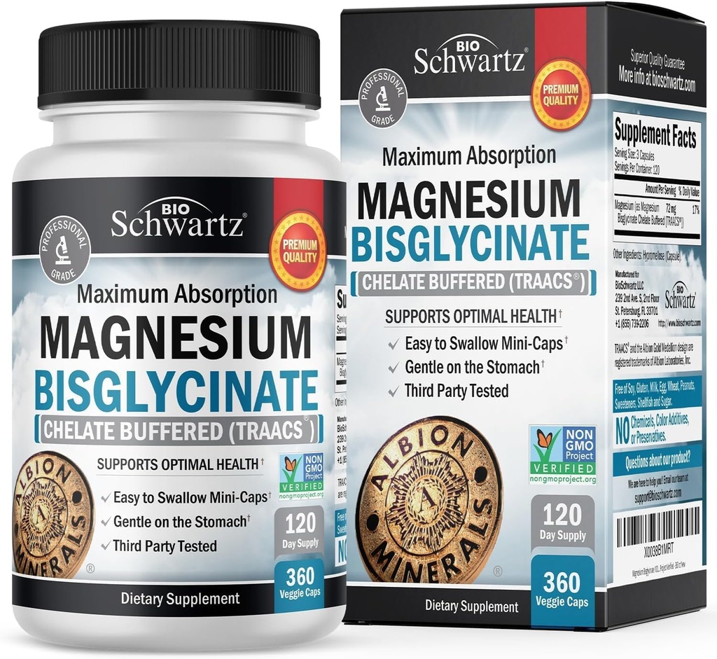 Magnezyum Bisglycinate Chelated Supplement - High Abpole Supplement for Muscle, Bone & Joint Support, Non-Laxative, Full Buffered, Non-GMO, maksimum Bioavailability - 360 Capsules