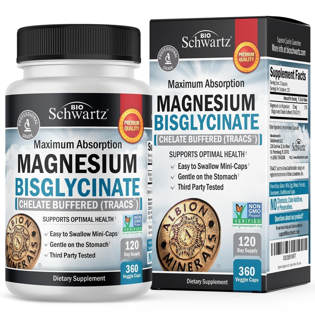 Magnezyum Bisglycinate Chelated Supplement - High Abpole Supplement for Muscle, Bone & Joint Support, Non-Laxative, Full Buffered, Non-GMO, maksimum Bioavailability - 360 Capsules