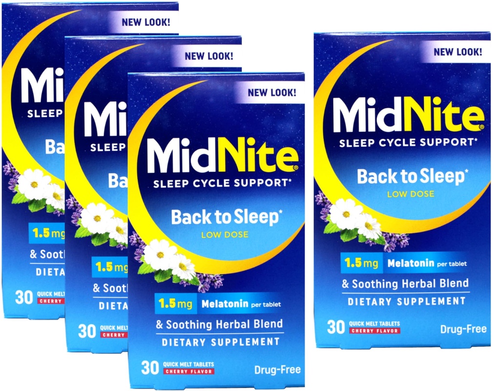 MidNite Sleep Cycle Support Επιστροφή στον Ύπνο Χαμηλή Δόση Μελατονίνη & Βότανο Blend, Cherry Flavor, 30 Quick Melt Tablets (Pack of 4)